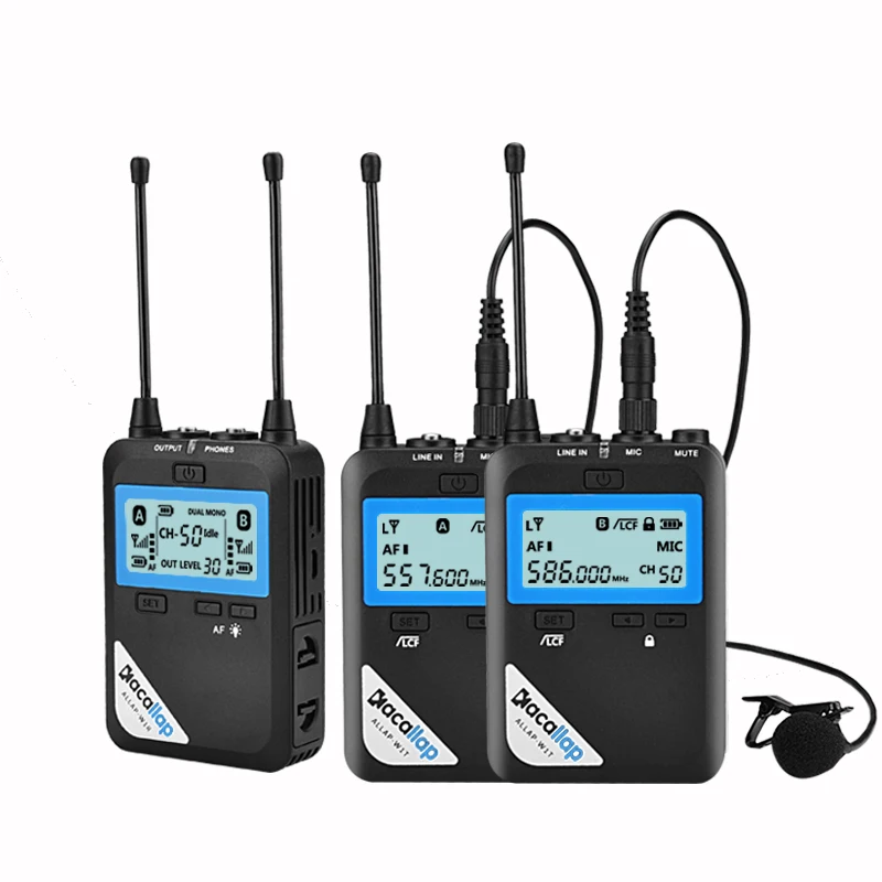 Wireless Lavalier Microphone System KACALLAP ALLAP-W2 Kit 100 Channels High Omnidirectional UHF Professional Mic Kit (2Rx+1Tx)
Wireless Lavalier Microphone System KACALLAP ALLAP-W2 Kit 100 Channels High Omnidirectional UHF Professional Mic Kit (2Rx+1Tx)