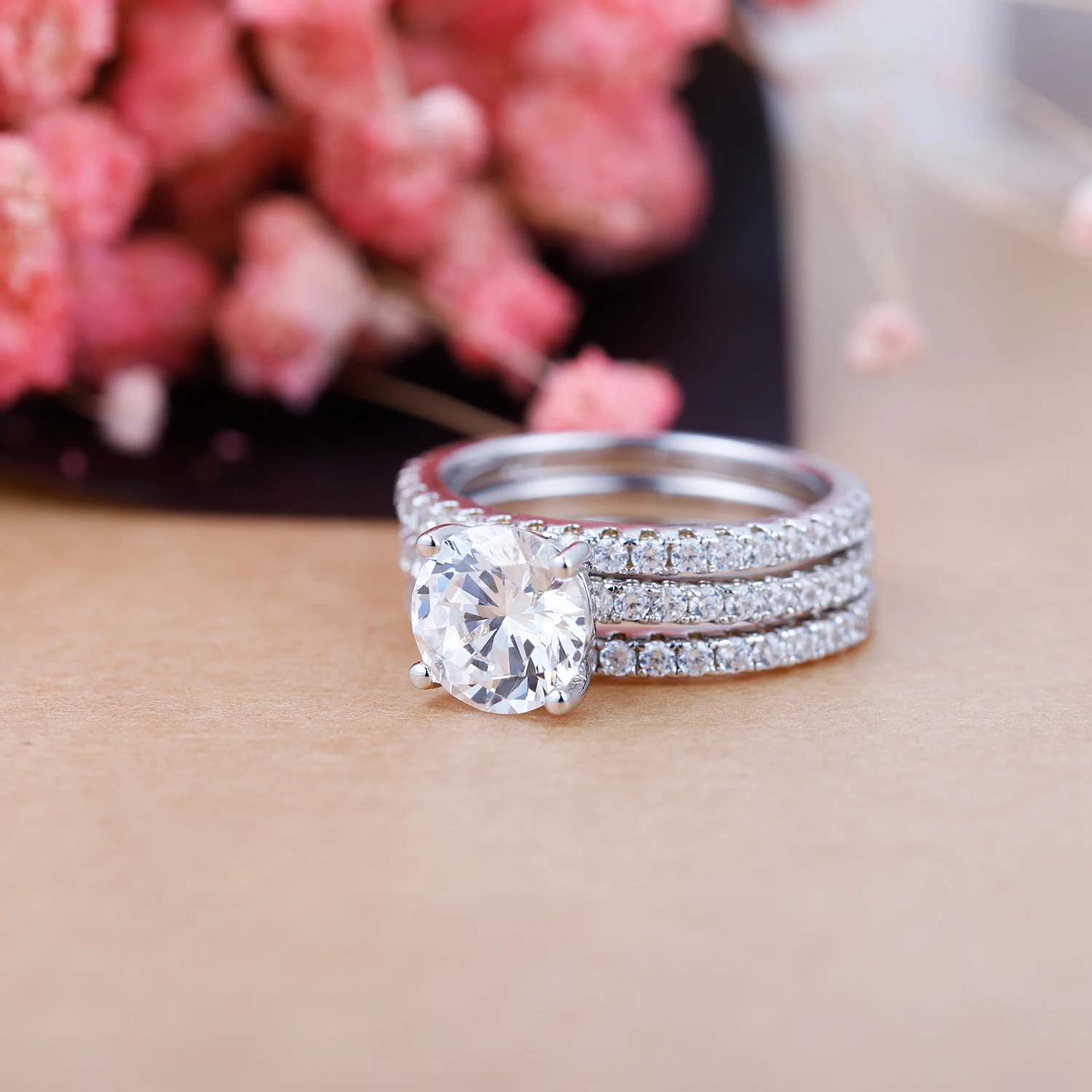 GEM'S BALLET 925 Sterling Silver Four Prong Moissanite Engagement Ring For Women Jewelry 2.0Ct 8mm Round Solitaire Set 3 Band |