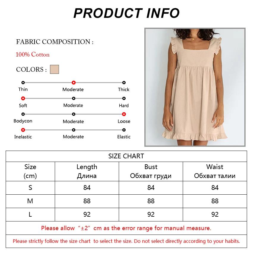 

OOTN Ruffled Tank Dress Sleeveless Summer Khaki Cotton Vacation Casual A Line Sundress High Waist Square Collar Ladies Dresses