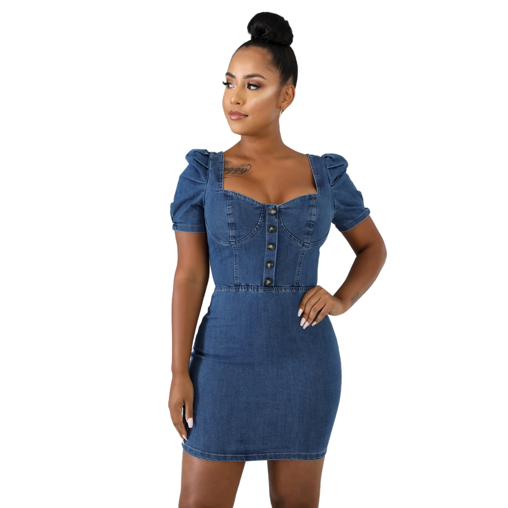SSEURAT Women Denim Dress Solid Short Puff Sleeve Square Collar Single Breasted Bodycon Mini Dresses Summer Vestidos
SSEURAT Women Denim Dress Solid Short Puff Sleeve Square Collar Single Breasted Bodycon Mini Dresses Summer Vestidos