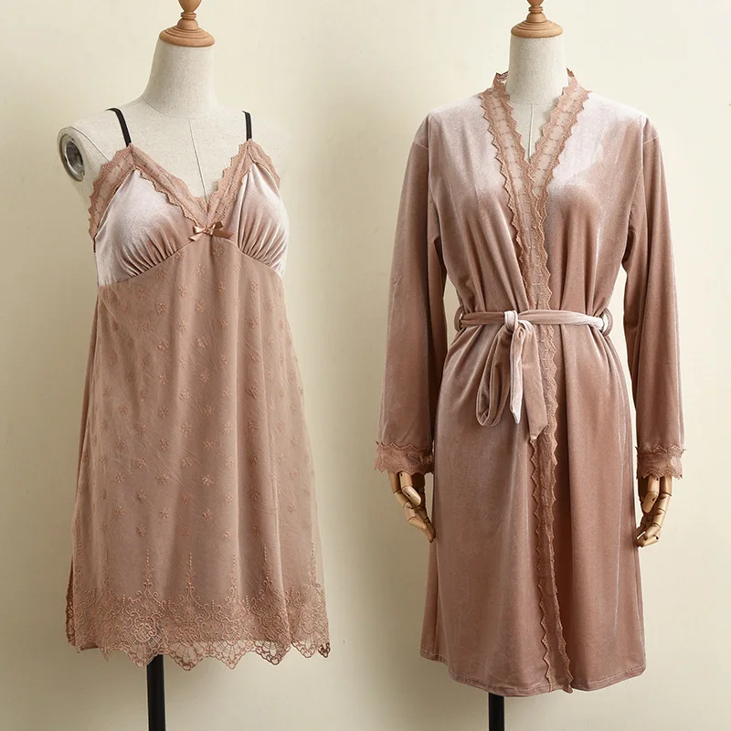 Lace Patchwork Robe Set Autumn Velour 2PCS Sleepwear Women Pink Kimono Gown Sexy V-neck Nighty&Robe Set Velvet Sleep Set
Lace Patchwork Robe Set Autumn Velour 2PCS Sleepwear Women Pink Kimono Gown Sexy V-neck Nighty&Robe Set Velvet Sleep Set