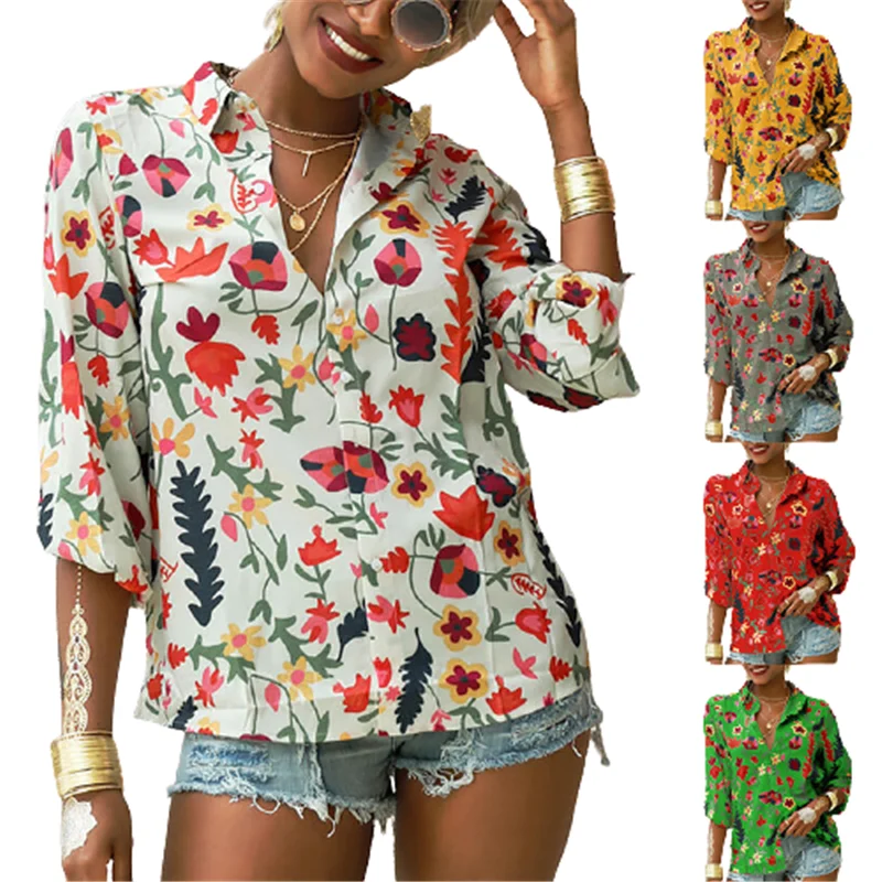 Женская шифоновая блузка с цветочным принтом, однобортная блузка с отложным воротником и длинным рукавом, уличный Топ, 2XL, 2021 
Женская шифоновая блузка с цветочным принтом, однобортная блузка с отложным воротником и длинным рукавом, уличный Топ, 2XL, 2021