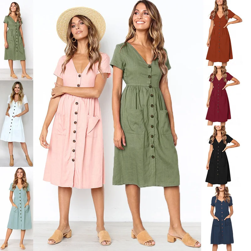 Women's new 9-color summer fashion V-neck button pocket short sleeve women's dress 0864
Women's new 9-color summer fashion V-neck button pocket short sleeve women's dress 0864