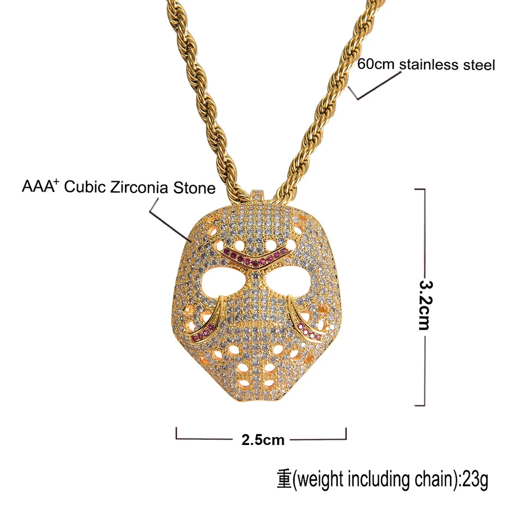Bling Mask Iced Out Pendants Gold Silver Color AAA+Zircon Hip Hop Necklace For Men Women Jewelry Rope Chain Free
Bling Mask Iced Out Pendants Gold Silver Color AAA+Zircon Hip Hop Necklace For Men Women Jewelry Rope Chain Free