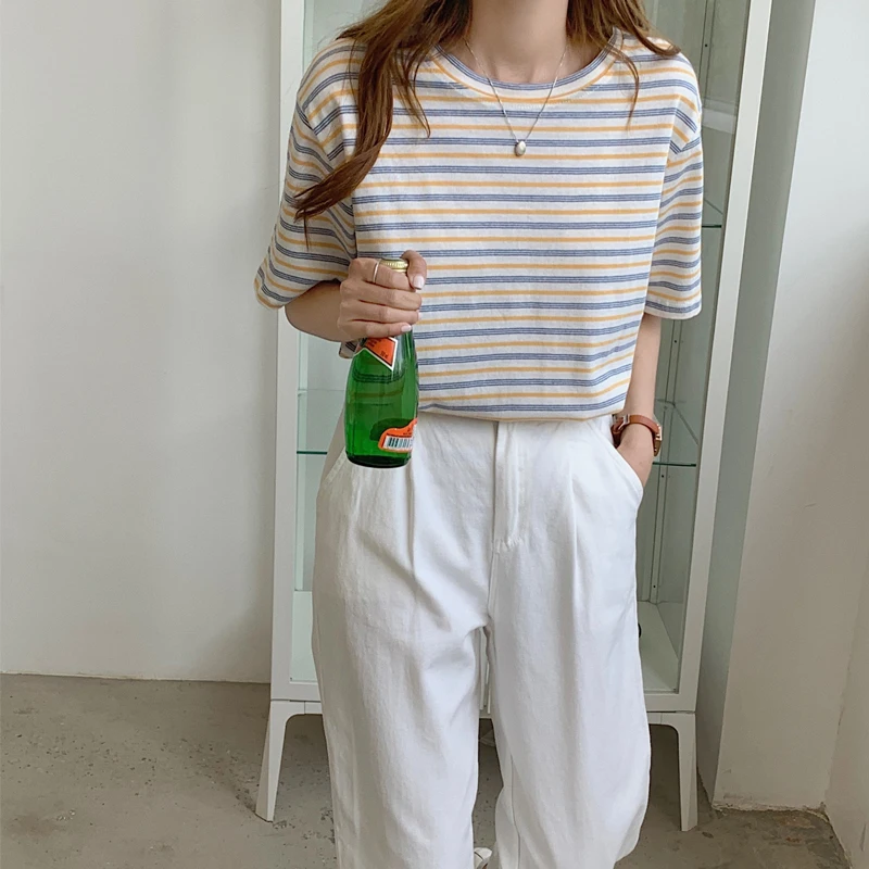O-Neck Striped T-Shirt Women Korean Style Simple Loose T-Shirt Woman Daily Casual Short Sleeve Tops Ladies Summer 2021
O-Neck Striped T-Shirt Women Korean Style Simple Loose T-Shirt Woman Daily Casual Short Sleeve Tops Ladies Summer 2021