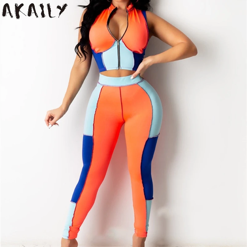 

Akaily Streetwear Crop Top Patchwork Zipper 2 Two Piece Shotrs Sets Women Tracksuit Summer Sleeveless Fitness Women Sweatsuit