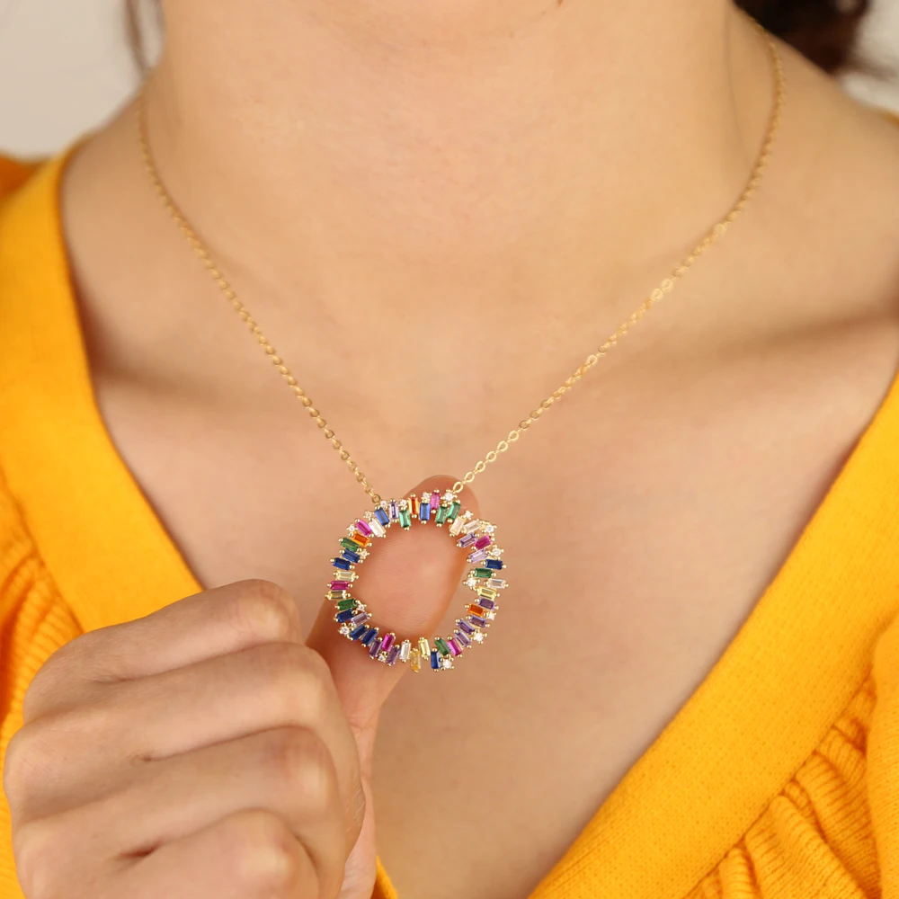 Women fashion Round Pendant necklaces gold filled rainbow baguette cubic zircon CZ paved circle geometry wedding jewelry
Women fashion Round Pendant necklaces gold filled rainbow baguette cubic zircon CZ paved circle geometry wedding jewelry