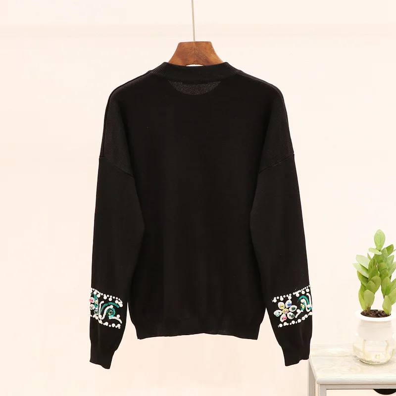 2020 Autumn Womens Winter Tops Fashion Beading Sequins Long Sleeve Knitted Sweater + Casual Pants Women Two Piece Outfits | Женская
