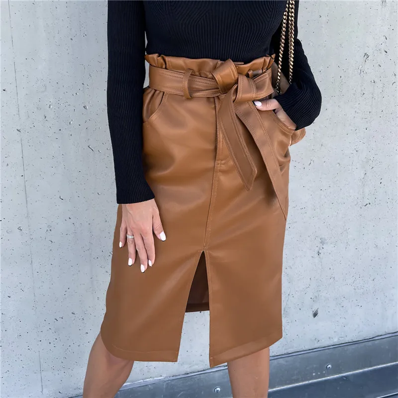 Autumn Party Office Lady PU Leather Skirts Solid Women High Street Fashion Bottoms Belted Waist Split Skirt Knee-length Female
Autumn Party Office Lady PU Leather Skirts Solid Women High Street Fashion Bottoms Belted Waist Split Skirt Knee-length Female