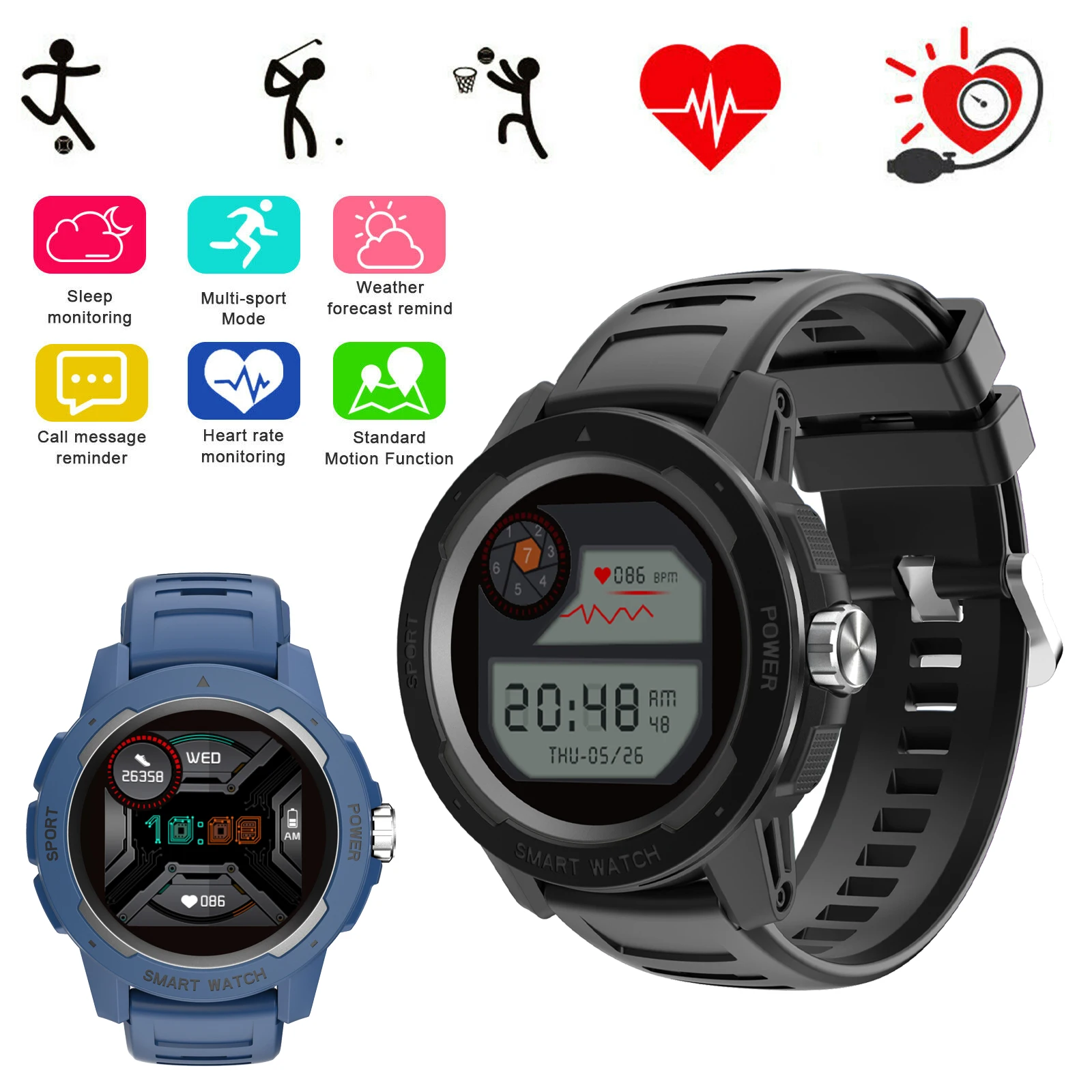 

Outdoor Sports Smart Watch Fitness Tracker Heart Rate Monitoring Pedometer Calorie Consumption for Men Women HT6 Wristband