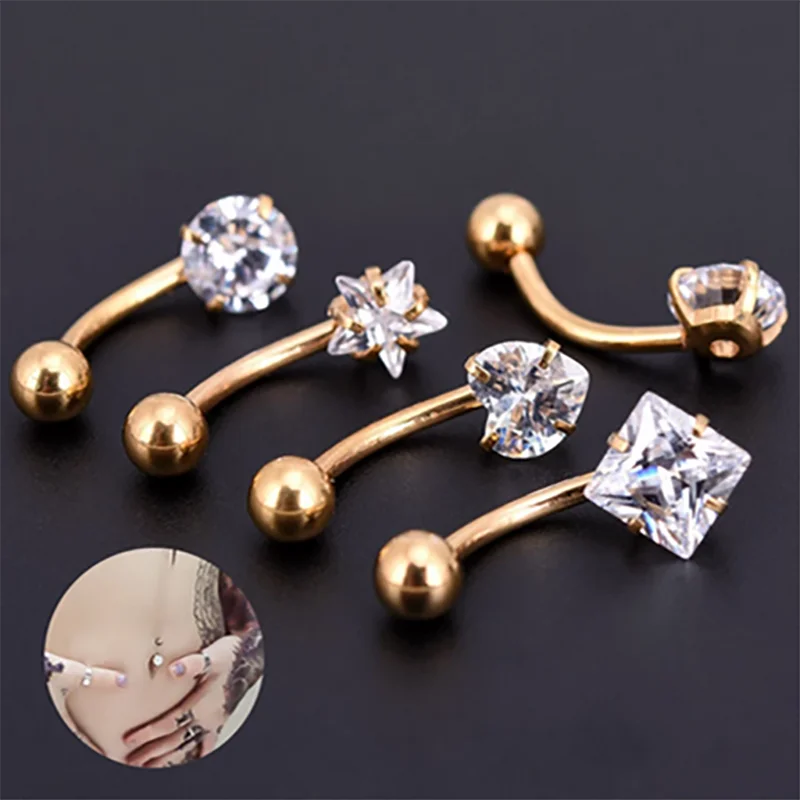 

New Retro Anti Allergy Lounger Titanium Earrings Ear Nail Belly Button Rings Navel Piercing Star Heart Round Crystal Jewelry