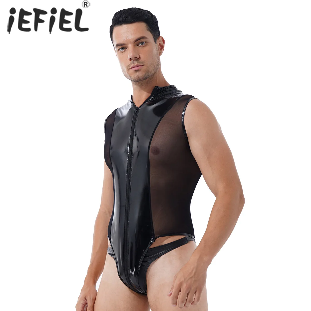 

Men See-through Mesh Patchwork Leotard Bodysuit Sissy Party Clubwear High Cut Catsuit Teddies Wet Look Zipper Lingerie Jumpsuit