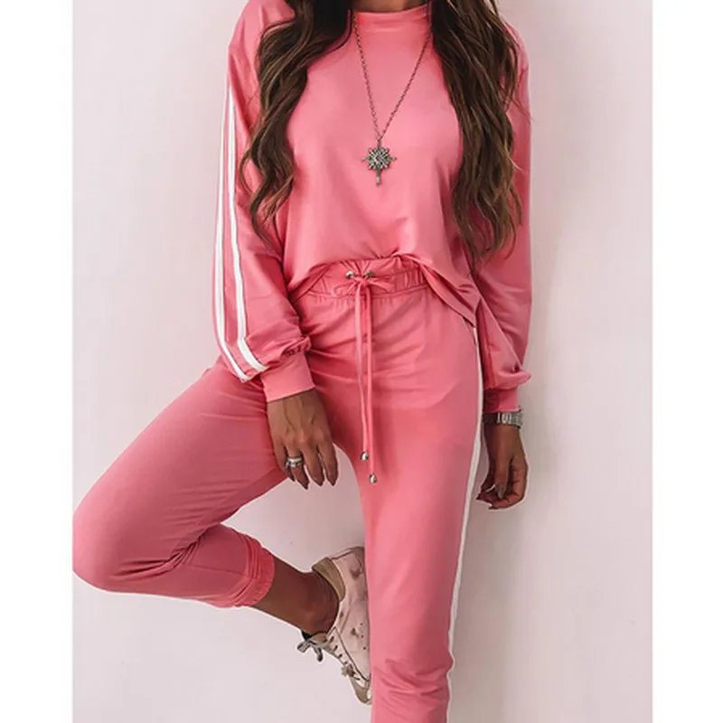 2020 New Autumn Womens 2pcs O-Neck Long Sleeve Pullover T-shirt Tops Drawstring Long Trousers Striped Tracksuit Casual Sport Set
2020 New Autumn Womens 2pcs O-Neck Long Sleeve Pullover T-shirt Tops Drawstring Long Trousers Striped Tracksuit Casual Sport Set