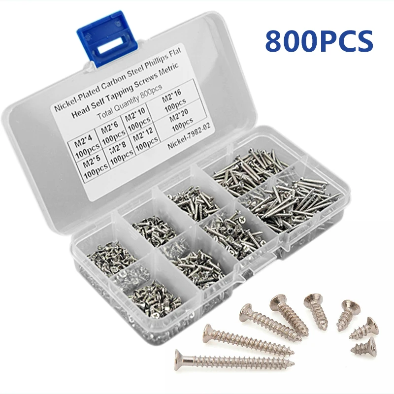 

800Pcs Flat Head Screws Assortment Kit M2 Nickel-Plated Carbon Steel Self Tapping Screws For Wood Furniture Fasteners Parts