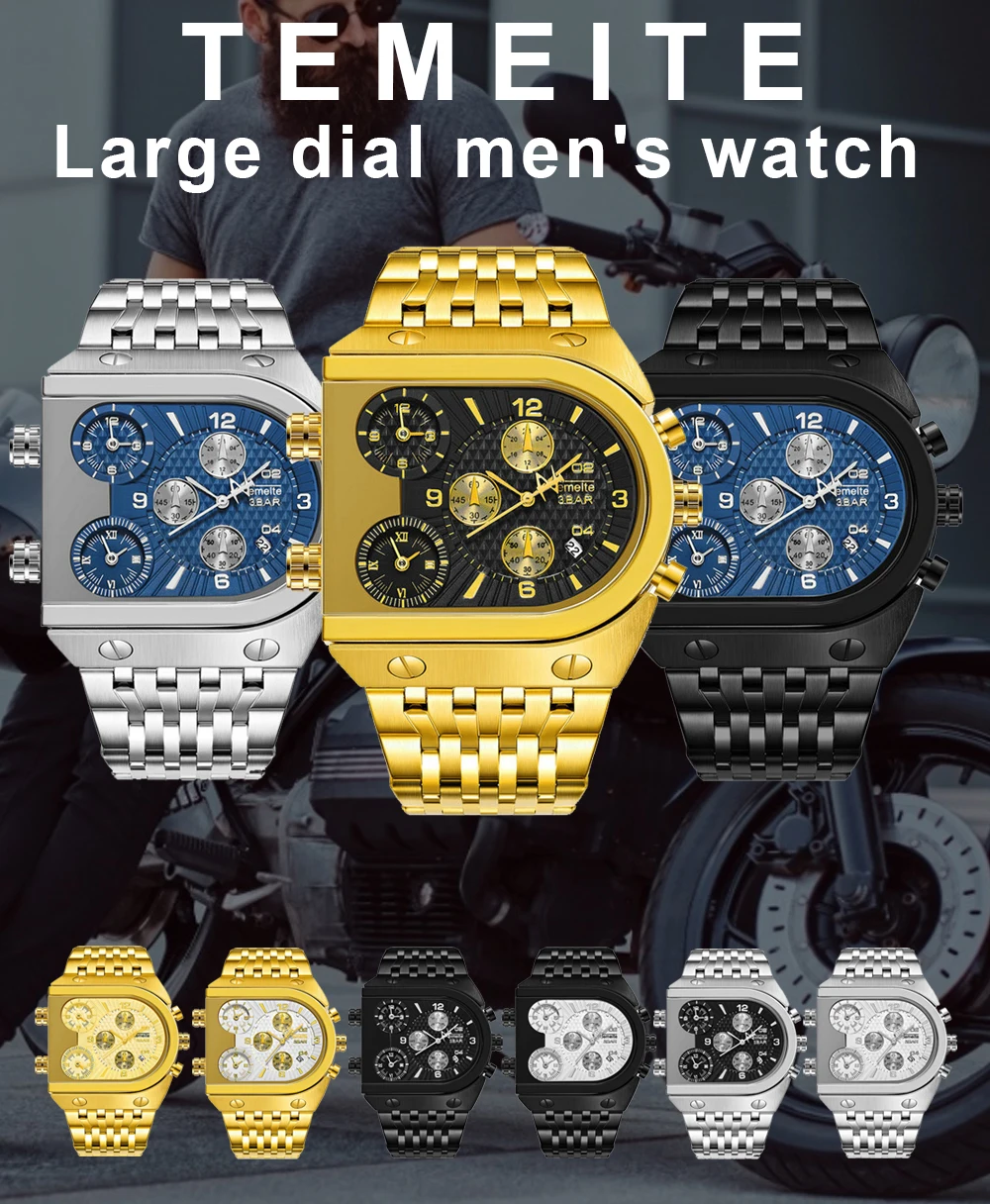 TEMEITE Quartz Mens Watches Top Brand Luxury Golden Clocks 3 Time Zone Date Stainless Steel Strap Military Oversize Wristwatches
TEMEITE Quartz Mens Watches Top Brand Luxury Golden Clocks 3 Time Zone Date Stainless Steel Strap Military Oversize Wristwatches