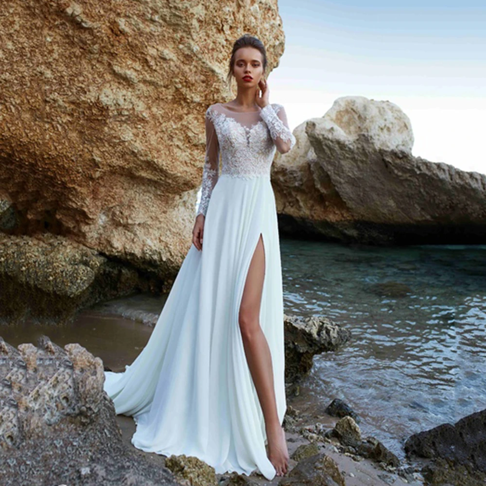 Sexy Slit Side Chiffon Bridal Gowns Illusion Lace Button Back Long Sleeve Applique Sweep Train Beach Bohemian Wedding Dress
Sexy Slit Side Chiffon Bridal Gowns Illusion Lace Button Back Long Sleeve Applique Sweep Train Beach Bohemian Wedding Dress