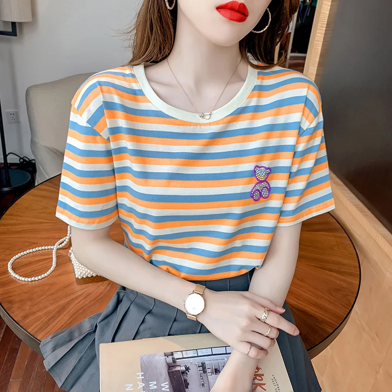 Y2k 2021 Summer Rainbow Striped T-Shirt Women Fashion Loose Cartoon Diamond Short Sleeve Tops T8672 
Y2k 2021 Summer Rainbow Striped T-Shirt Women Fashion Loose Cartoon Diamond Short Sleeve Tops T8672
