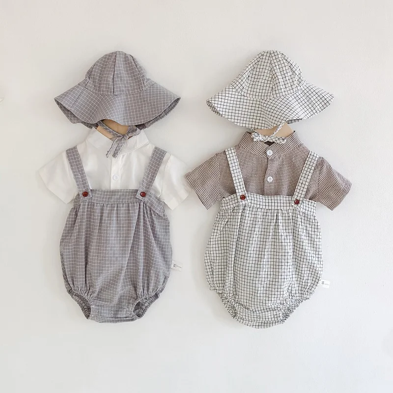 Hot Sell Summer Cotton Toddler Rompers Plaid Strap + Sun Hat + Shortsleeved Shirt 3pcs Infant Suit Junmpsuit Newborn Baby Outfit
Hot Sell Summer Cotton Toddler Rompers Plaid Strap + Sun Hat + Shortsleeved Shirt 3pcs Infant Suit Junmpsuit Newborn Baby Outfit