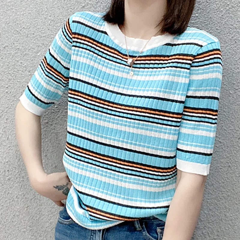 Ropa De Verano Mujer 2021 Moda Coreana Vintage Sweet Cute Stripes Tee Shirt Femme O-Neck Short Sleeve Knitted Women T-Shirts Top
Ropa De Verano Mujer 2021 Moda Coreana Vintage Sweet Cute Stripes Tee Shirt Femme O-Neck Short Sleeve Knitted Women T-Shirts Top