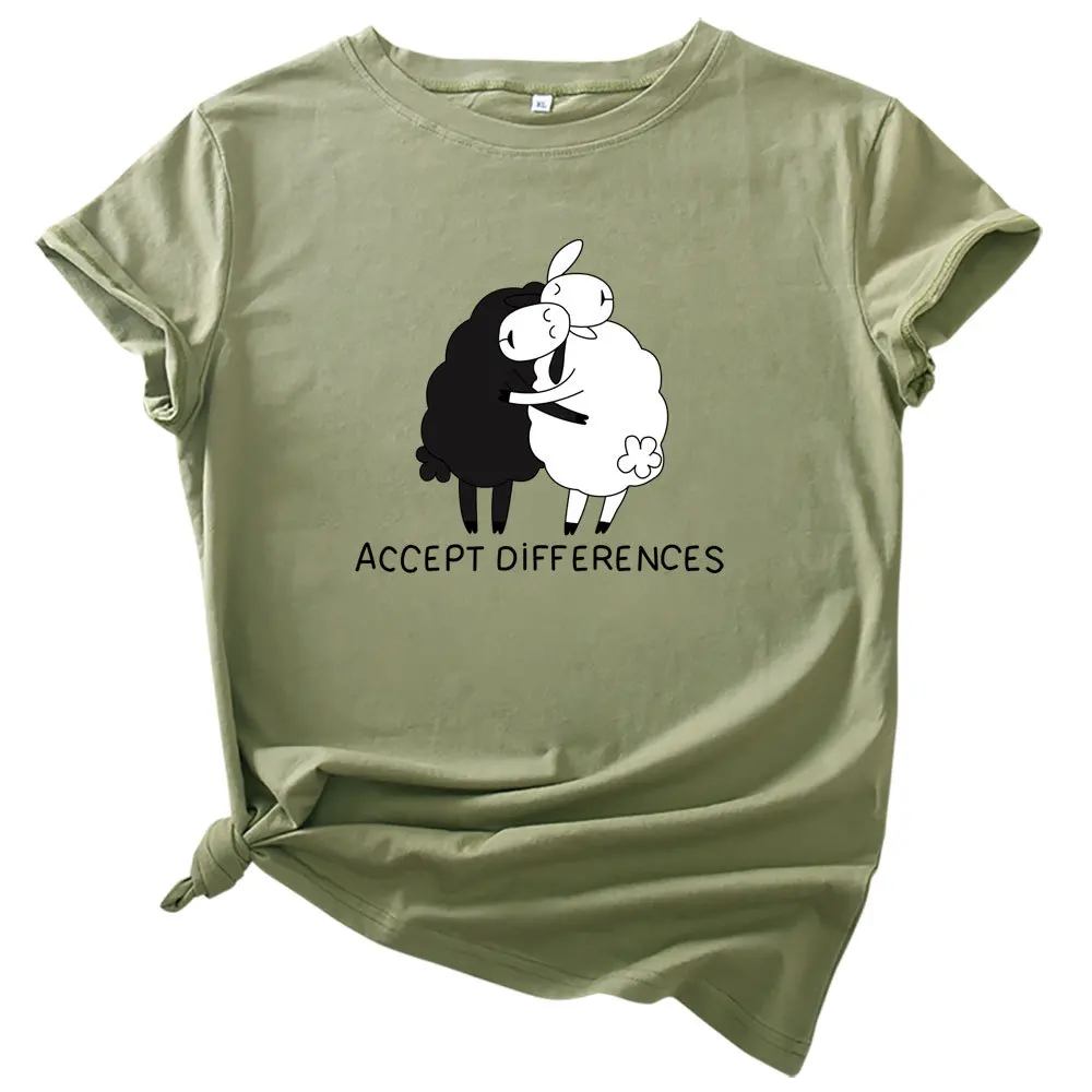 Women Cotton T Shirt ACCEPT DIFFERENCES Letter Print Black and White Sheep Graphic Tees Summer Plus Size Shirts
Women Cotton T Shirt ACCEPT DIFFERENCES Letter Print Black and White Sheep Graphic Tees Summer Plus Size Shirts