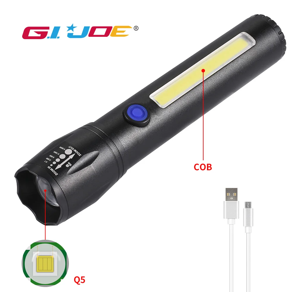 COB led flashlight USB rechargeable EDC Zoomable Torch Aluminum alloy Built-in battery Q5 3 modes waterproof Camping Fishing
COB led flashlight USB rechargeable EDC Zoomable Torch Aluminum alloy Built-in battery Q5 3 modes waterproof Camping Fishing
