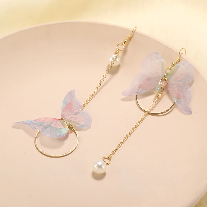 

Korean Retro Asymmetric Butterfly Imitation Pearl Earrings Fashion Round Flower Brincos Long Statement Wings Earrings Jewelry