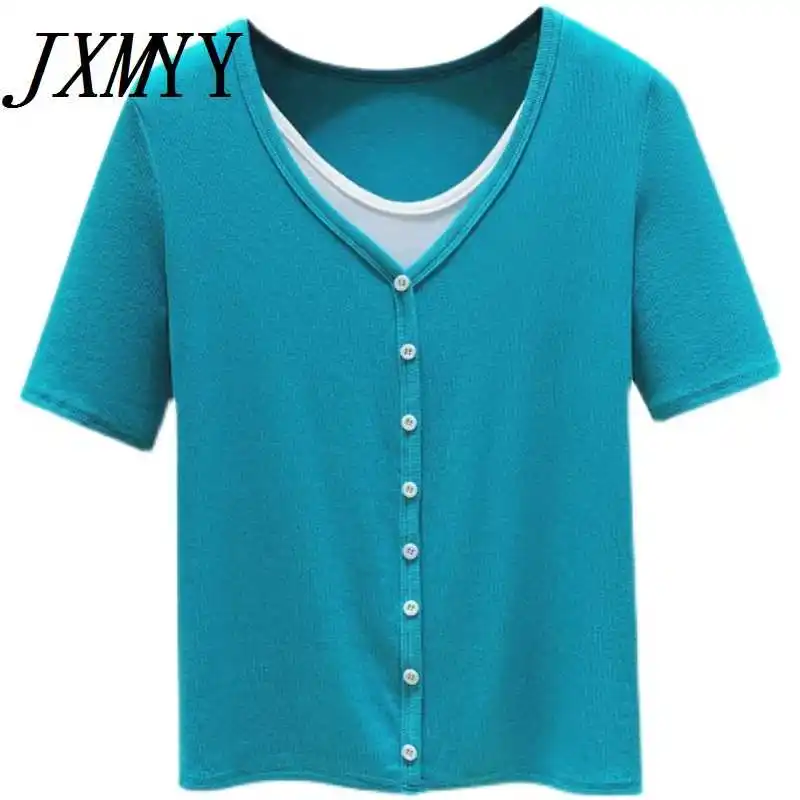 ICCLEK JXMYY 2021 Summer Breasted V-neck Color Matching Simple Fashion Slim All-match Short Sleeve Cotton T-Shir
ICCLEK JXMYY 2021 Summer Breasted V-neck Color Matching Simple Fashion Slim All-match Short Sleeve Cotton T-Shir