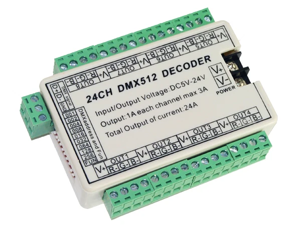 24CH DMX constant voltage decoder;DC5-24V input;24CH*3A output 
24CH DMX constant voltage decoder;DC5-24V input;24CH*3A output