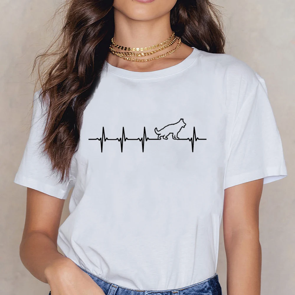 Tops T Shirt Women German Shepherd Dog Heartbeat Love Humor White Short Female | Женская одежда