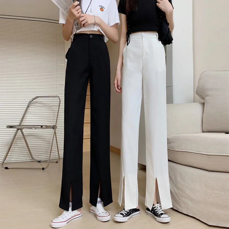 

Black Small Split Suit Pants Women's Spring and Autumn Straight Loose Trousers Draping Effect High Waist Slimming Slit Pants