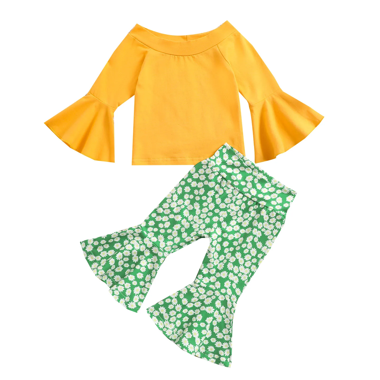 2 Pcs Infant Casual Outfits Girls Solid Color Flare Sleeve Round Neck Pullover + Daisy Print Flared Pants 1-4Years 
2 Pcs Infant Casual Outfits Girls Solid Color Flare Sleeve Round Neck Pullover + Daisy Print Flared Pants 1-4Years