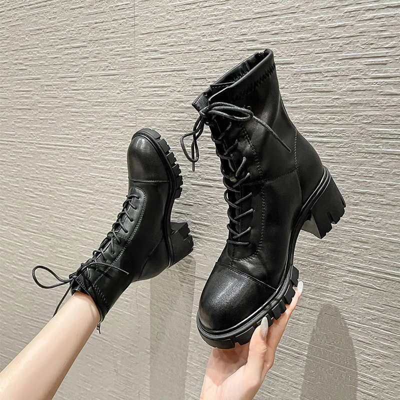 Women's Rounded Toe Thick Heels Knight Boots Leather Cross-tied Back Zipper Platform Elastic Booties Autumn Winter British Style
Women's Rounded Toe Thick Heels Knight Boots Leather Cross-tied Back Zipper Platform Elastic Booties Autumn Winter British Style