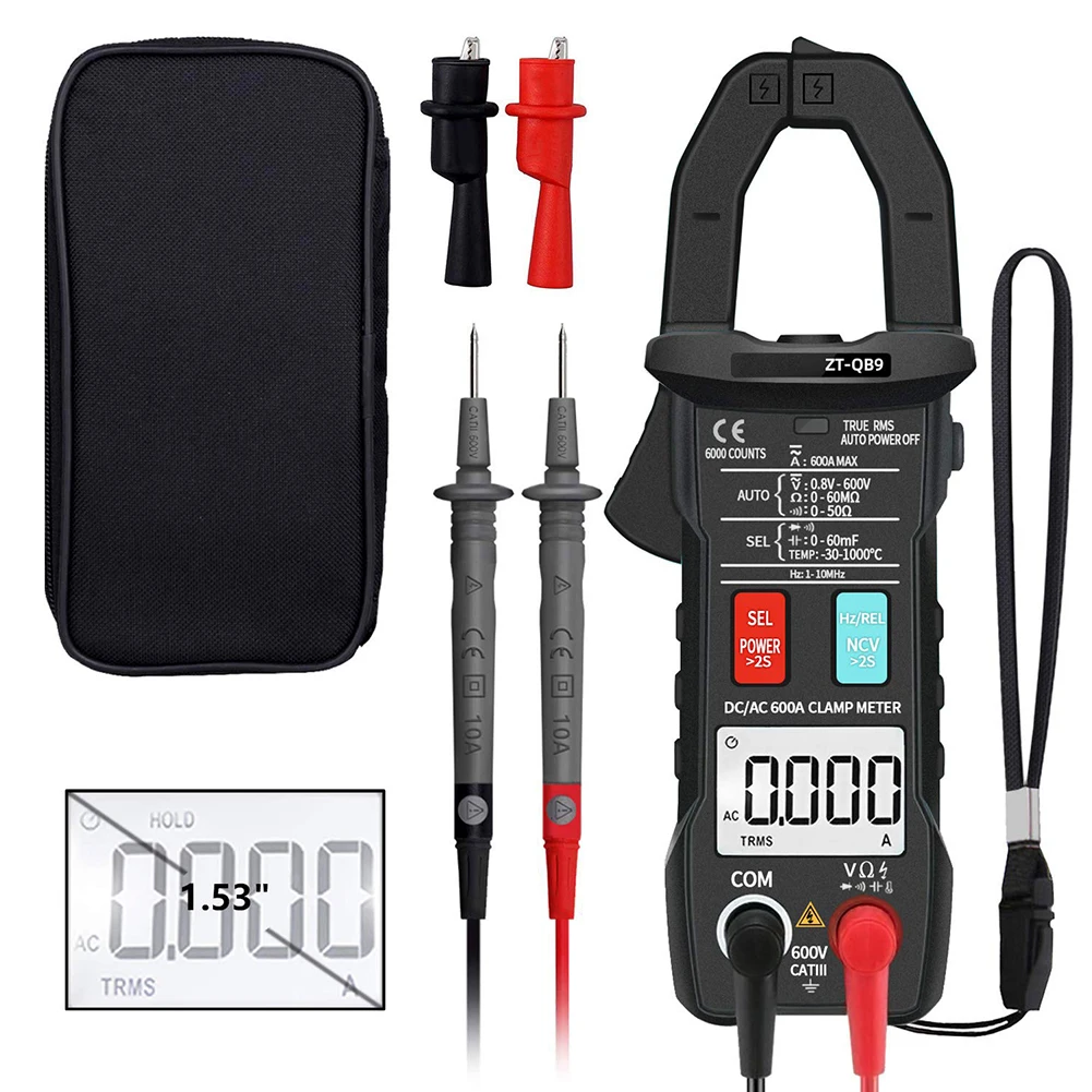 ZT-QB9 Digital Clamp Meter DC/AC 600A current measurement TRMS Auto-Rang Voltage Ammeter Hz Ohm NCV Tester Multimeter
ZT-QB9 Digital Clamp Meter DC/AC 600A current measurement TRMS Auto-Rang Voltage Ammeter Hz Ohm NCV Tester Multimeter