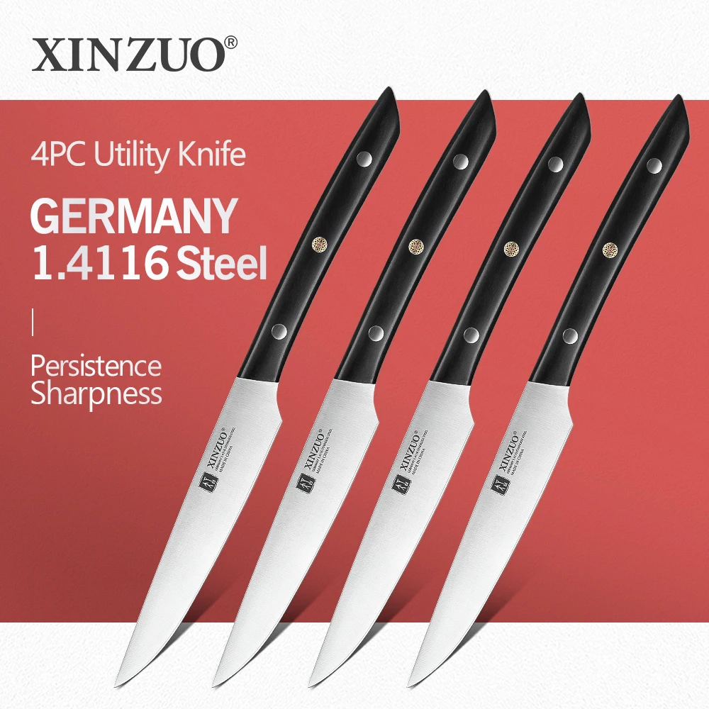 XINZUO 5'' inch Utility Knife DIN 1.4116 Steel Kitchen Paring Knives High Quality Ultra Sharp Knife for Vegetables Ebony Handle 
XINZUO 5'' inch Utility Knife DIN 1.4116 Steel Kitchen Paring Knives High Quality Ultra Sharp Knife for Vegetables Ebony Handle