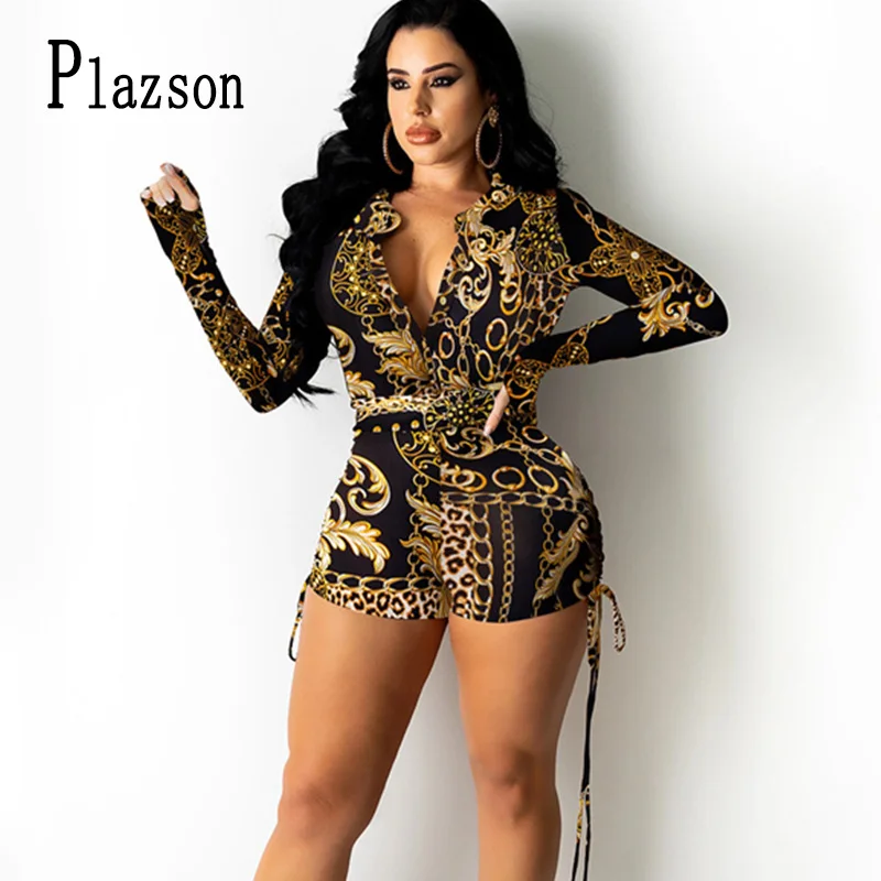 Summer Rompers Playsuits Fashion Printed Zipper Long Sleeve Sexy V Neck Skinny Bodysuits Women Jumpsuits Club Outfit monos mujer
Summer Rompers Playsuits Fashion Printed Zipper Long Sleeve Sexy V Neck Skinny Bodysuits Women Jumpsuits Club Outfit monos mujer