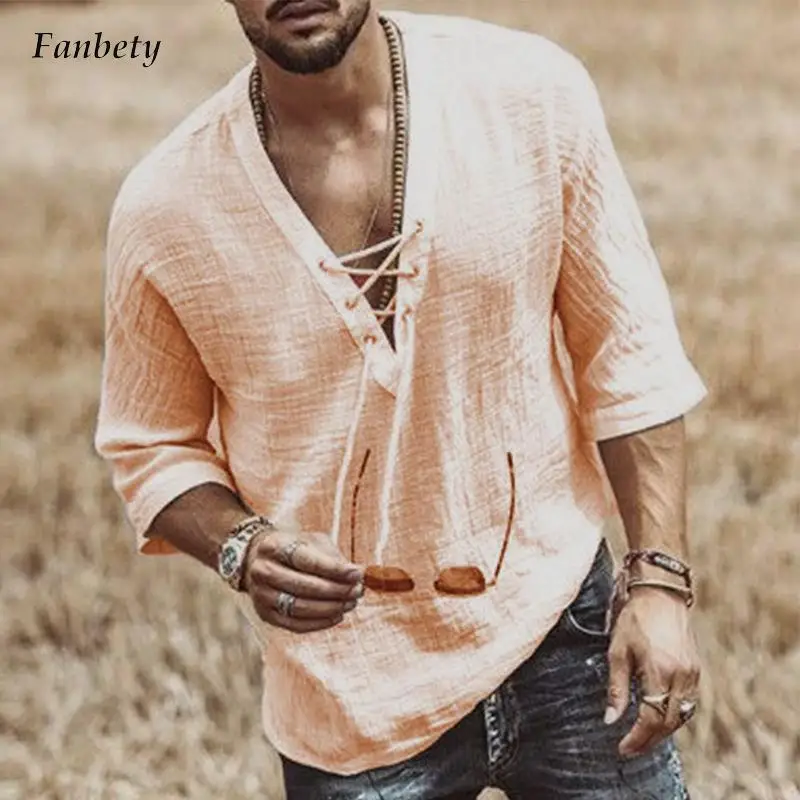 Vintage Casual Streetwear Men Fashion Drawstring V-Neck Half Sleeve Tee Shirt Loose Solid Male Half Sleeve Pullover Top Clothing
Vintage Casual Streetwear Men Fashion Drawstring V-Neck Half Sleeve Tee Shirt Loose Solid Male Half Sleeve Pullover Top Clothing