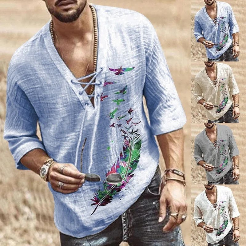 Puimentiua Men's Linen Shirt 2021 Summer Oversized T shirt Male Deep V Neck Bandage Men Clothing Casual Feather Print Linen Tops
Puimentiua Men's Linen Shirt 2021 Summer Oversized T shirt Male Deep V Neck Bandage Men Clothing Casual Feather Print Linen Tops