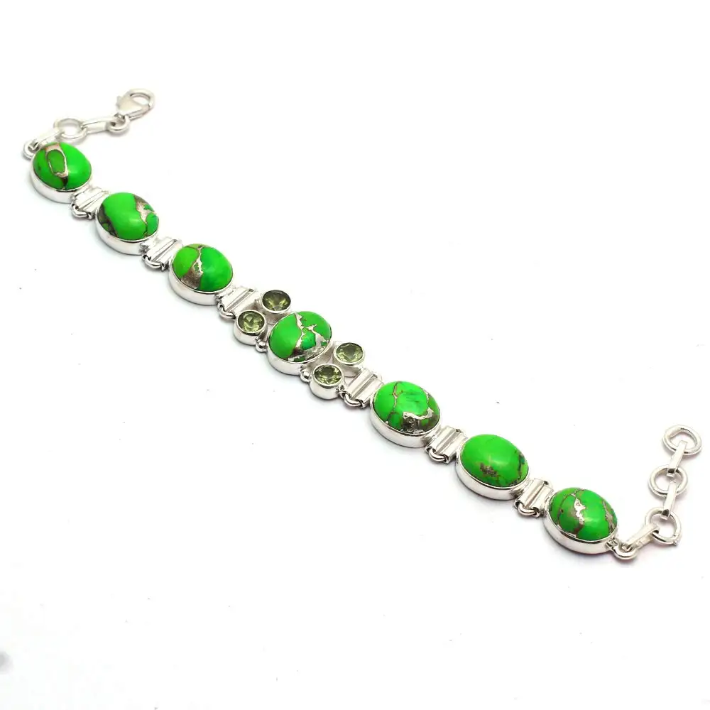 Genuine Green Copper Turquoise + Peridot Bracelet 925 Sterling Silver, 20 cm, 2SBR0136 
Genuine Green Copper Turquoise + Peridot Bracelet 925 Sterling Silver, 20 cm, 2SBR0136