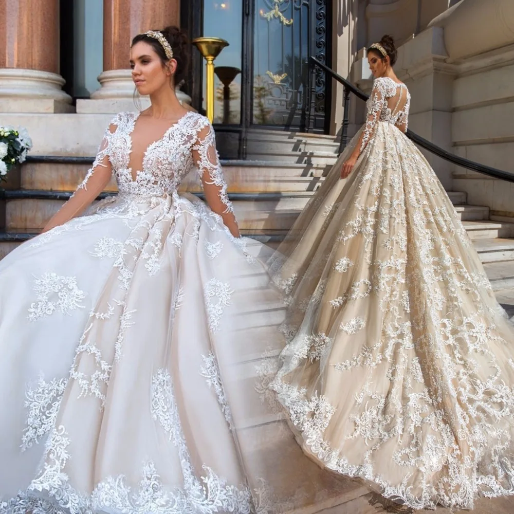 Sexy Long Sleeve Wedding Dress Princess 2021 Button Back Court Train Applique Illusion Tulle Wedding Gowns Long Bride Dress
Sexy Long Sleeve Wedding Dress Princess 2021 Button Back Court Train Applique Illusion Tulle Wedding Gowns Long Bride Dress
