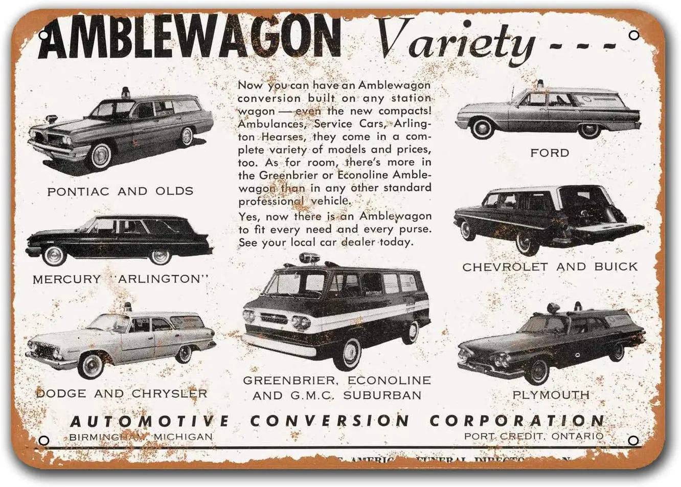 1961 Amblewagon Hearses and Ambulances Vintage Car Tin Signs, Sisoso Metal Plaques Poster Pub Man Cave Retro Wall Decor
1961 Amblewagon Hearses and Ambulances Vintage Car Tin Signs, Sisoso Metal Plaques Poster Pub Man Cave Retro Wall Decor