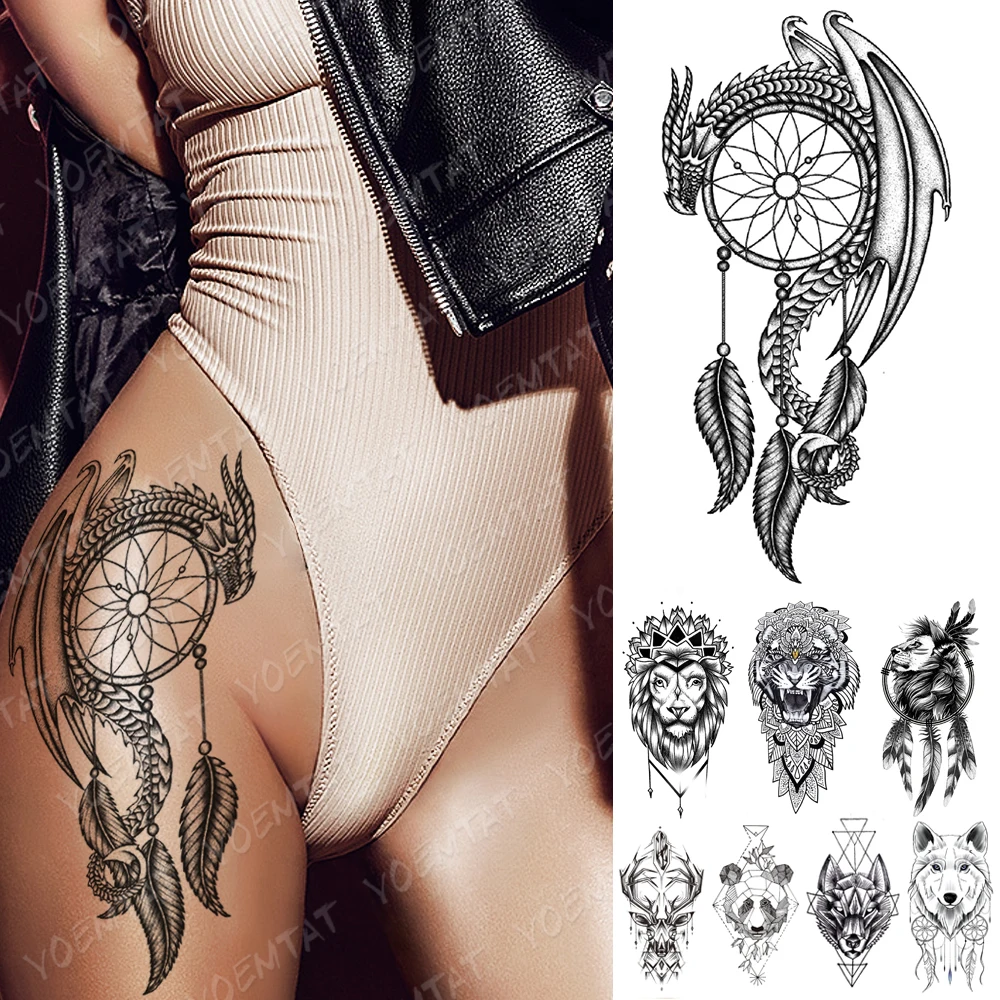 

Waterproof Temporary Tattoo Sticker Dragon Lion Tiger Dream Catcher Tattoos Panda Wolf Body Art Arm Fake Sleeve Tatoo Women Men