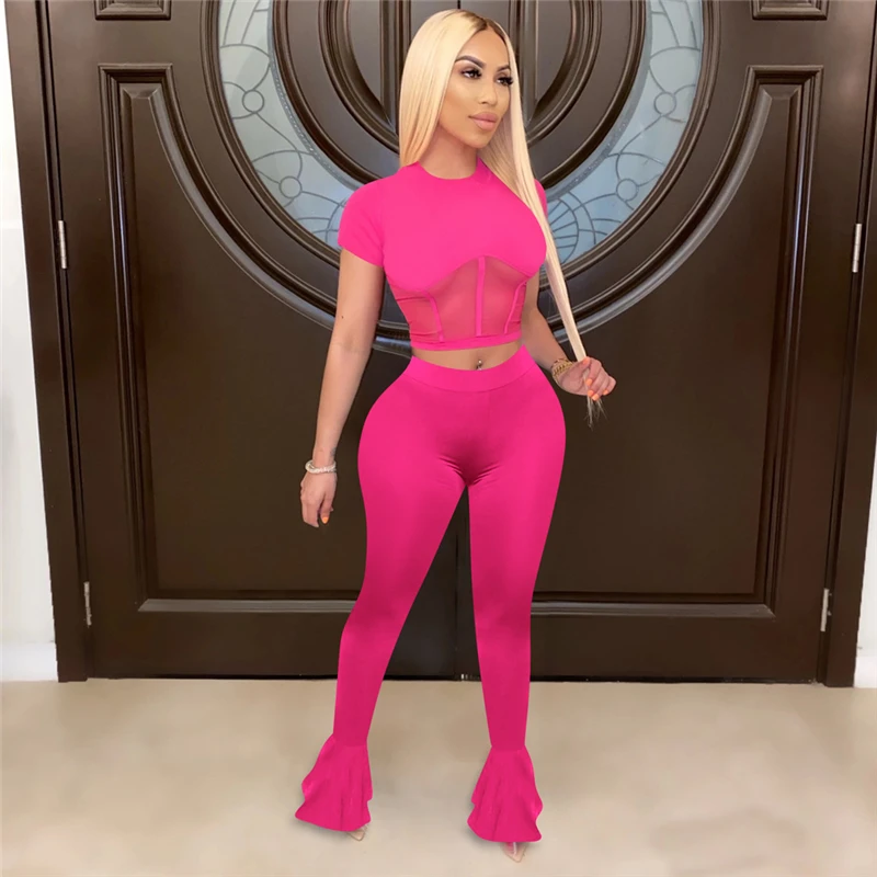 Sheer Mesh Patchwork Two Piece Set Short Crop + Long Flare Pants Tracksuit Clothes For Women Fitness Matching Sets Solid Color
Sheer Mesh Patchwork Two Piece Set Short Crop + Long Flare Pants Tracksuit Clothes For Women Fitness Matching Sets Solid Color