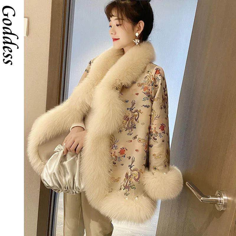 Women Palace Mid-length Tang Suit Cloak Winter Imitation Fox Fur Coat Chinese Style Dragon and Phoenix Beaded Clothing
Women Palace Mid-length Tang Suit Cloak Winter Imitation Fox Fur Coat Chinese Style Dragon and Phoenix Beaded Clothing
