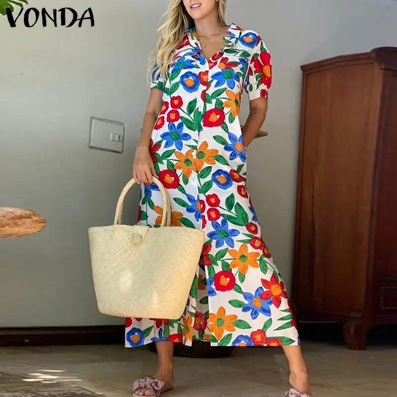 Women Dress VONDA Holiday Floral Printed Pleated Long Maxi Dress Femme Sexy Lapel Collar Button Up Shorts Sleeve Shirts Vestido
Women Dress VONDA Holiday Floral Printed Pleated Long Maxi Dress Femme Sexy Lapel Collar Button Up Shorts Sleeve Shirts Vestido