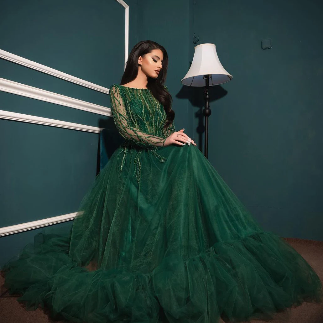 Luxury Women Green Prom Dresses Long Sleeves Muslim Style Tulle Ball Gown Puffy Evening Gowns For Formal Event
Luxury Women Green Prom Dresses Long Sleeves Muslim Style Tulle Ball Gown Puffy Evening Gowns For Formal Event