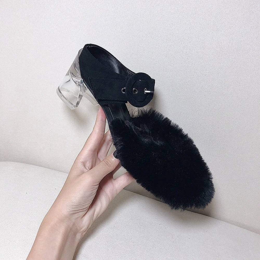 OLOMLB Womens Round Toe Real Fur Furry Strange Clear Transparent Crystal Heel Belt Buckle Suede Leather Shoes Pumps Black Luxury
OLOMLB Womens Round Toe Real Fur Furry Strange Clear Transparent Crystal Heel Belt Buckle Suede Leather Shoes Pumps Black Luxury