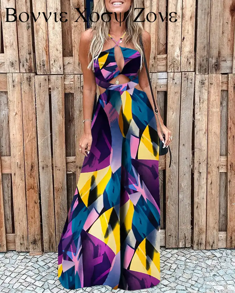 

Geo Pattern Print Cutout Wide Leg Halter Jumpsuit Femme Elegant Halter Sleeveless Pants Office Lady Casual Overalls 2021 traf