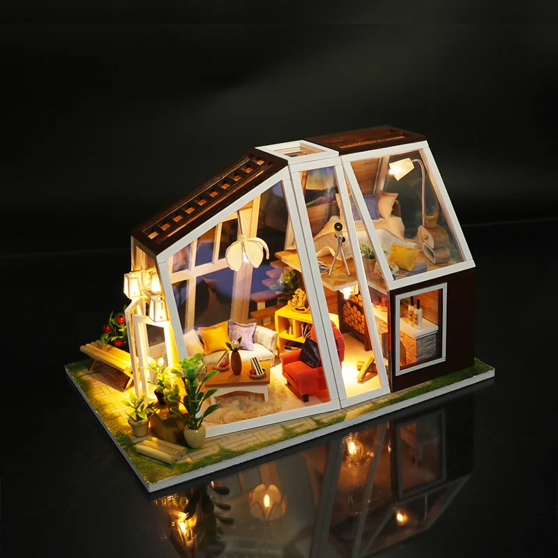 DIY Miniature Doll House Handmade Wooden Dollhouse Aurora Lodge With Dust Cover Light Doll House Toys For Children
DIY Miniature Doll House Handmade Wooden Dollhouse Aurora Lodge With Dust Cover Light Doll House Toys For Children