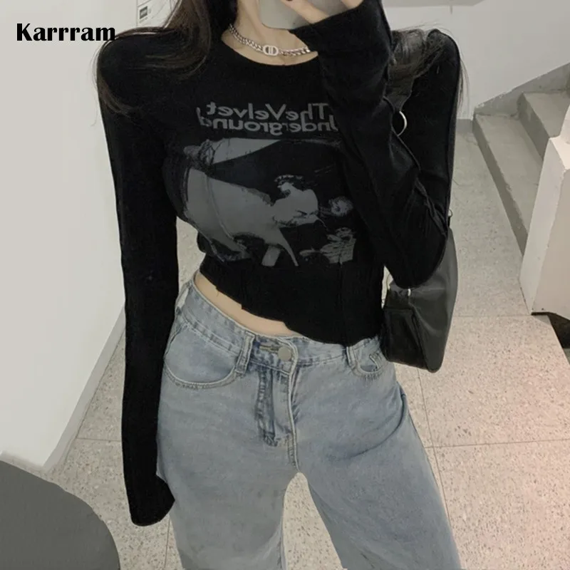 Karrram Sexy Slim Long Sleeve Crop Top Grunge Letters Print Hypotenuse Design Asymmetrical Chic T Shirts Punk Style Streetwear
Karrram Sexy Slim Long Sleeve Crop Top Grunge Letters Print Hypotenuse Design Asymmetrical Chic T Shirts Punk Style Streetwear