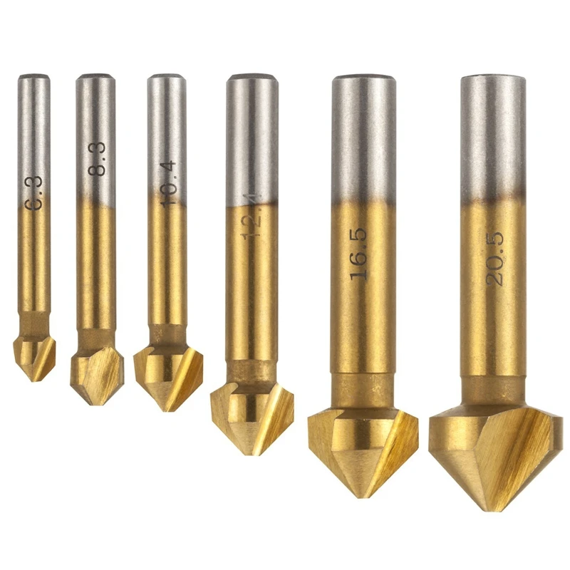 6 pcs HSS Countersink Drill Bit Set 90 Degree 3 Flute Titanium Chamfer Cutter Mill Bits | Инструменты